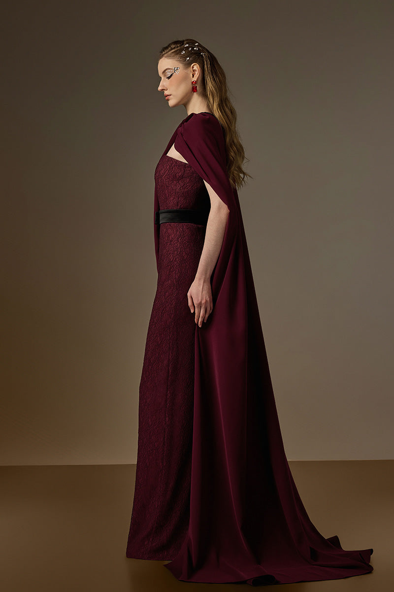 Bustier Column Gown With Long Cape In Burgundy Vine Guipure Lace & Crepe