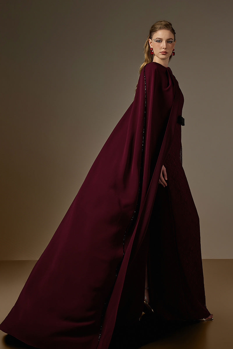 Bustier Column Gown With Long Cape In Burgundy Vine Guipure Lace & Crepe
