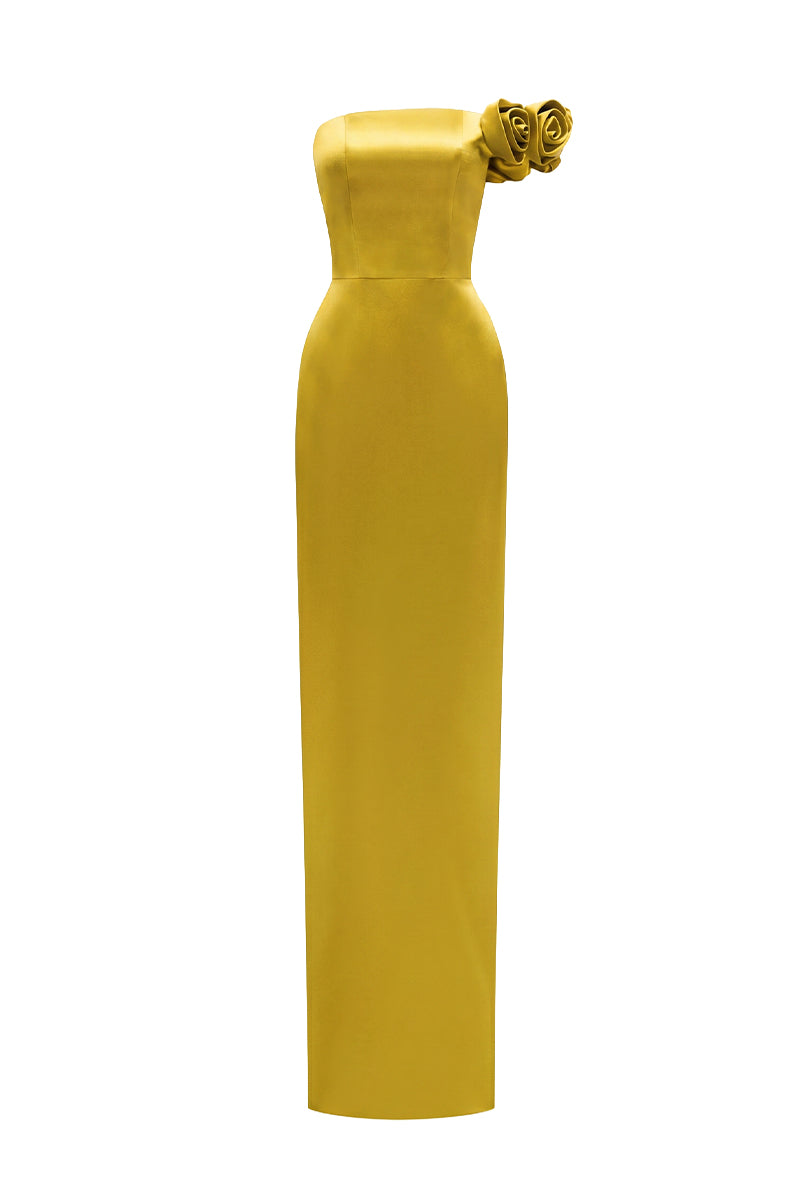 Gold Bustier Gown Adorned With Satin Floral Appliqué