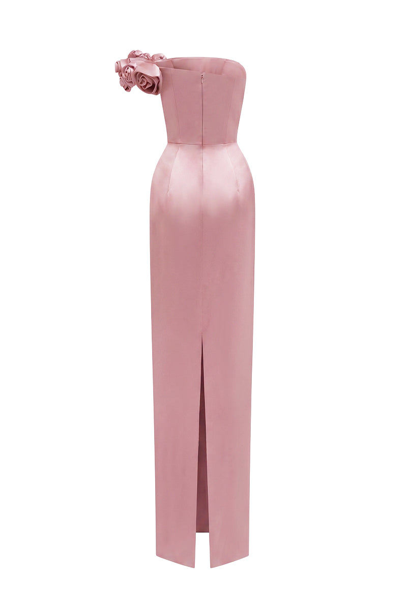 Light Pink Bustier Gown Adorned With Satin Floral Appliqué
