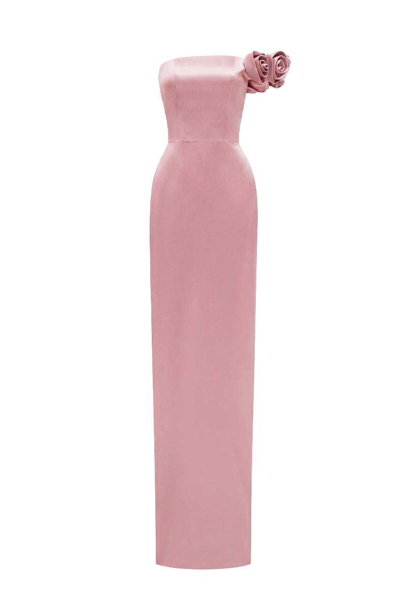 Light Pink Bustier Gown Adorned With Satin Floral Appliqué