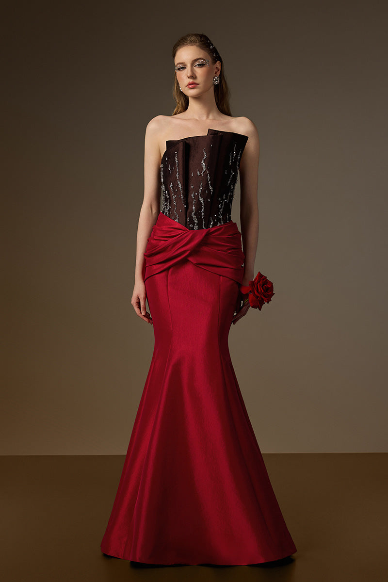 Bustier Mermaid Gown With Draped Details In Brown And Red Taffeta