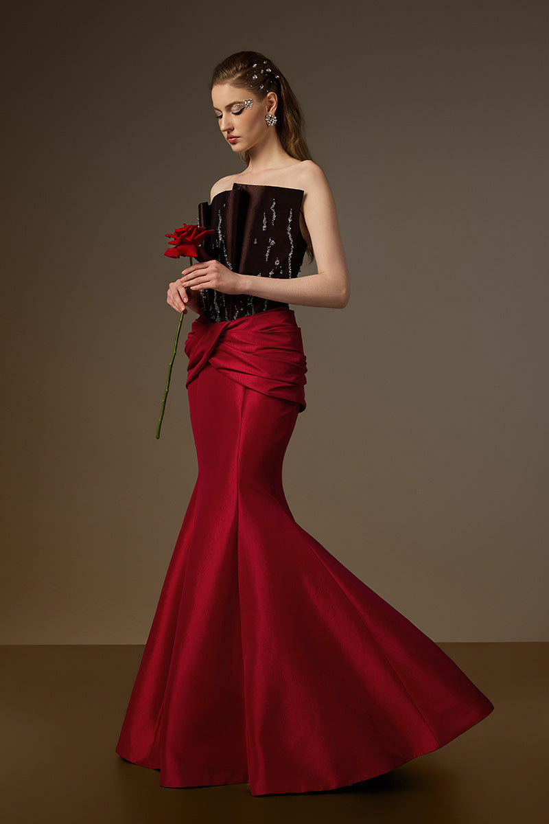 Bustier Mermaid Gown With Draped Details In Brown And Red Taffeta