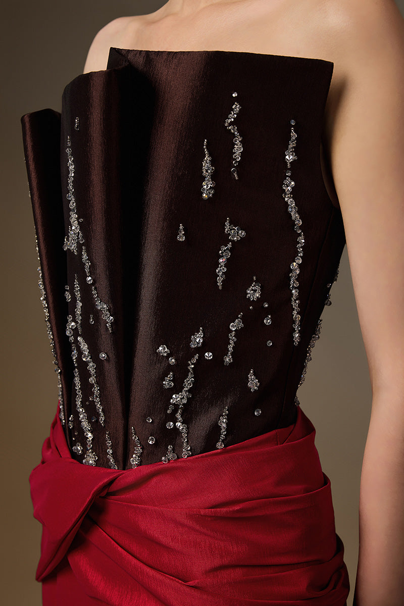 Bustier Mermaid Gown With Draped Details In Brown And Red Taffeta