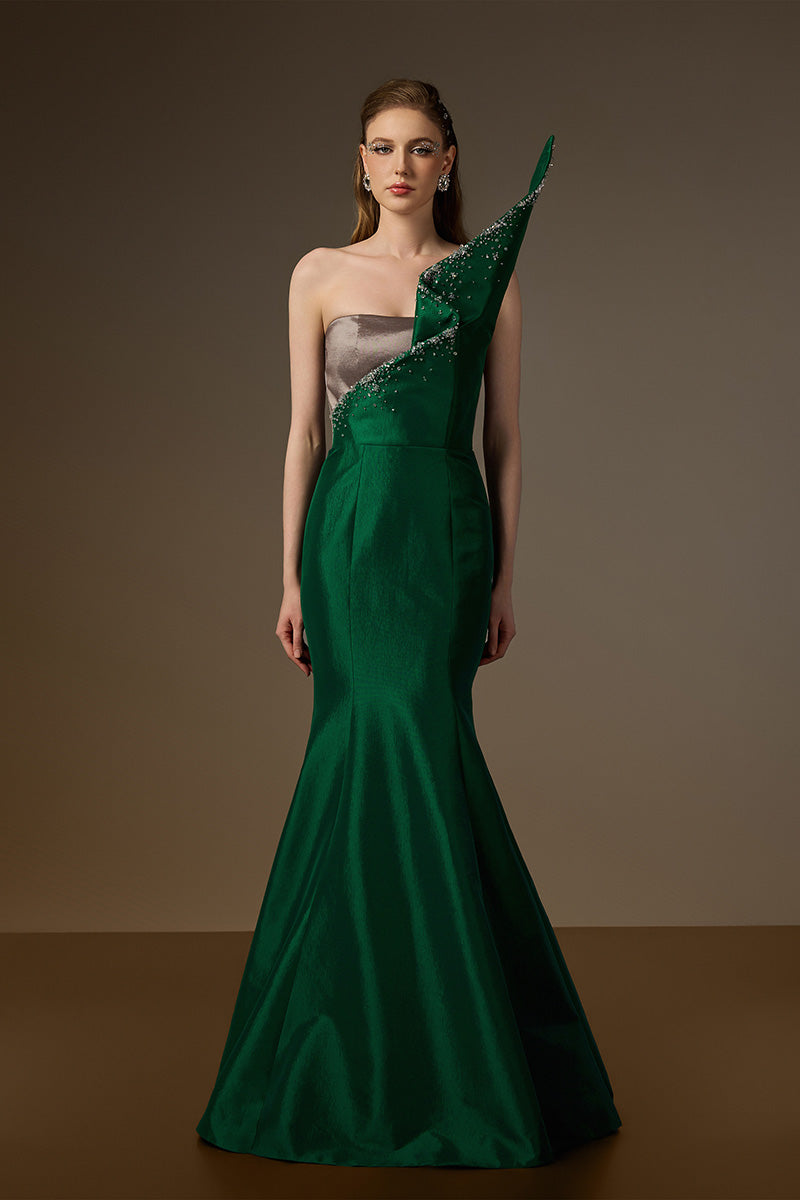 Bustier Mermaid Gown With Draped Details In Green And Grey Taffeta