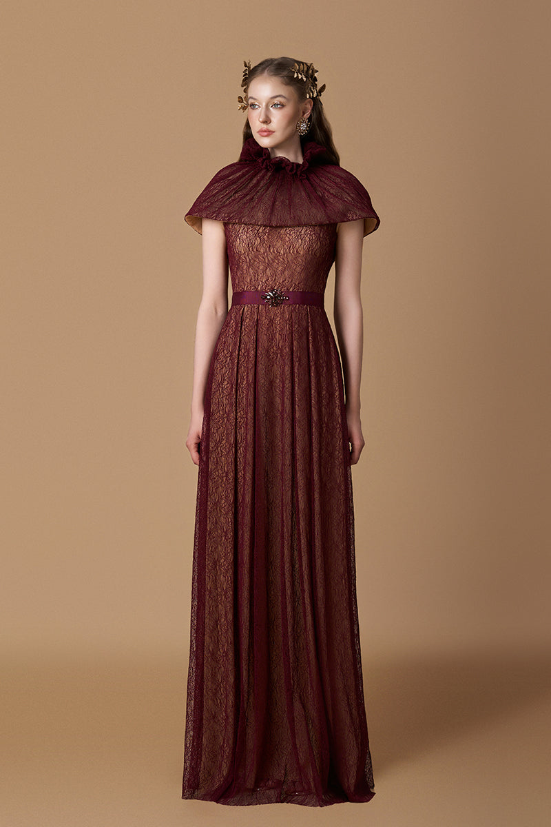 Bustier A-line Gown With Mini Cape In Dark Red Lace