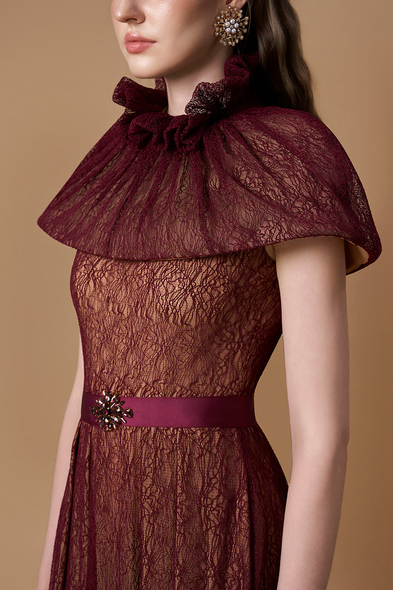 Bustier A-line Gown With Mini Cape In Dark Red Lace