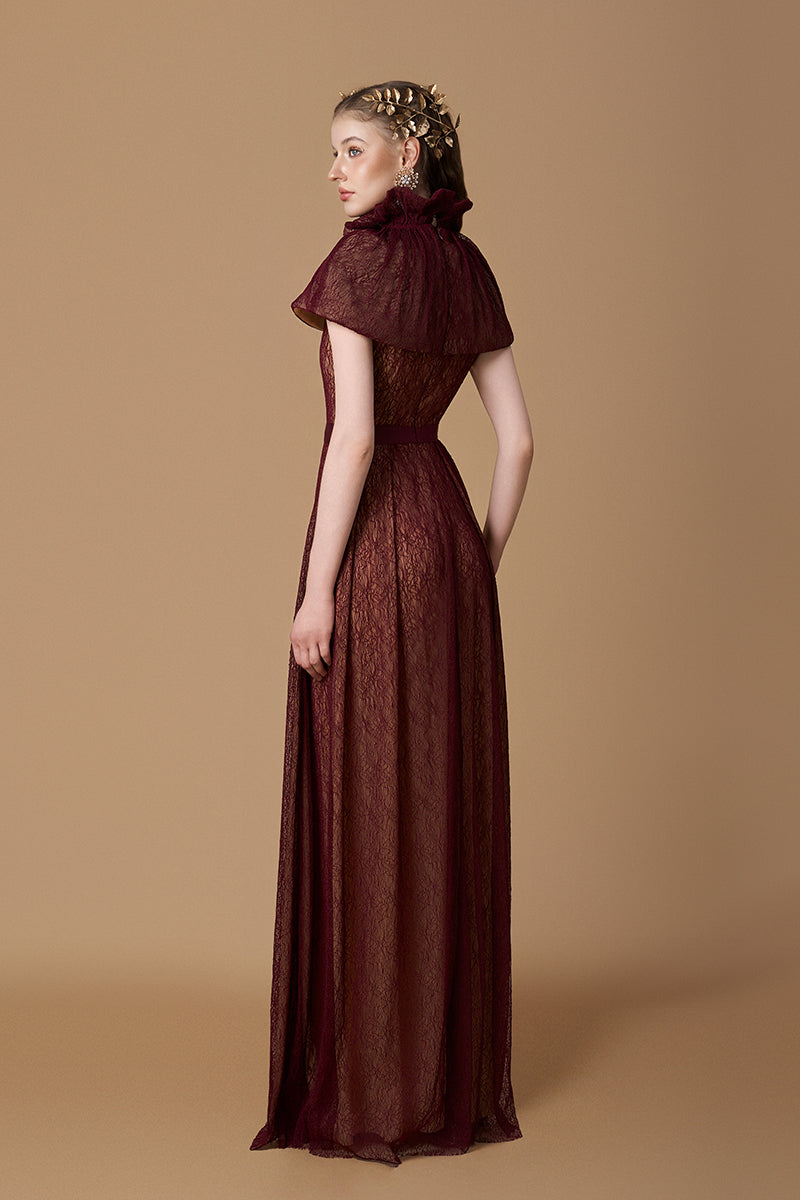 Bustier A-line Gown With Mini Cape In Dark Red Lace