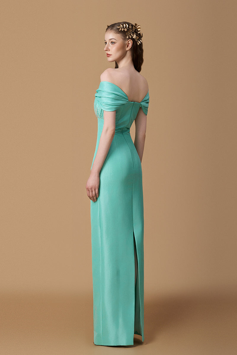 Bustier Column Gown With Draped Off-Shoulder Details In Mint Taffeta