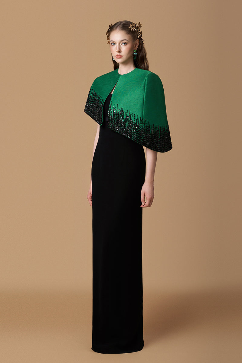 Bustier Column Gown With Mini Cape In Dark Green Taffeta & Black Crepe