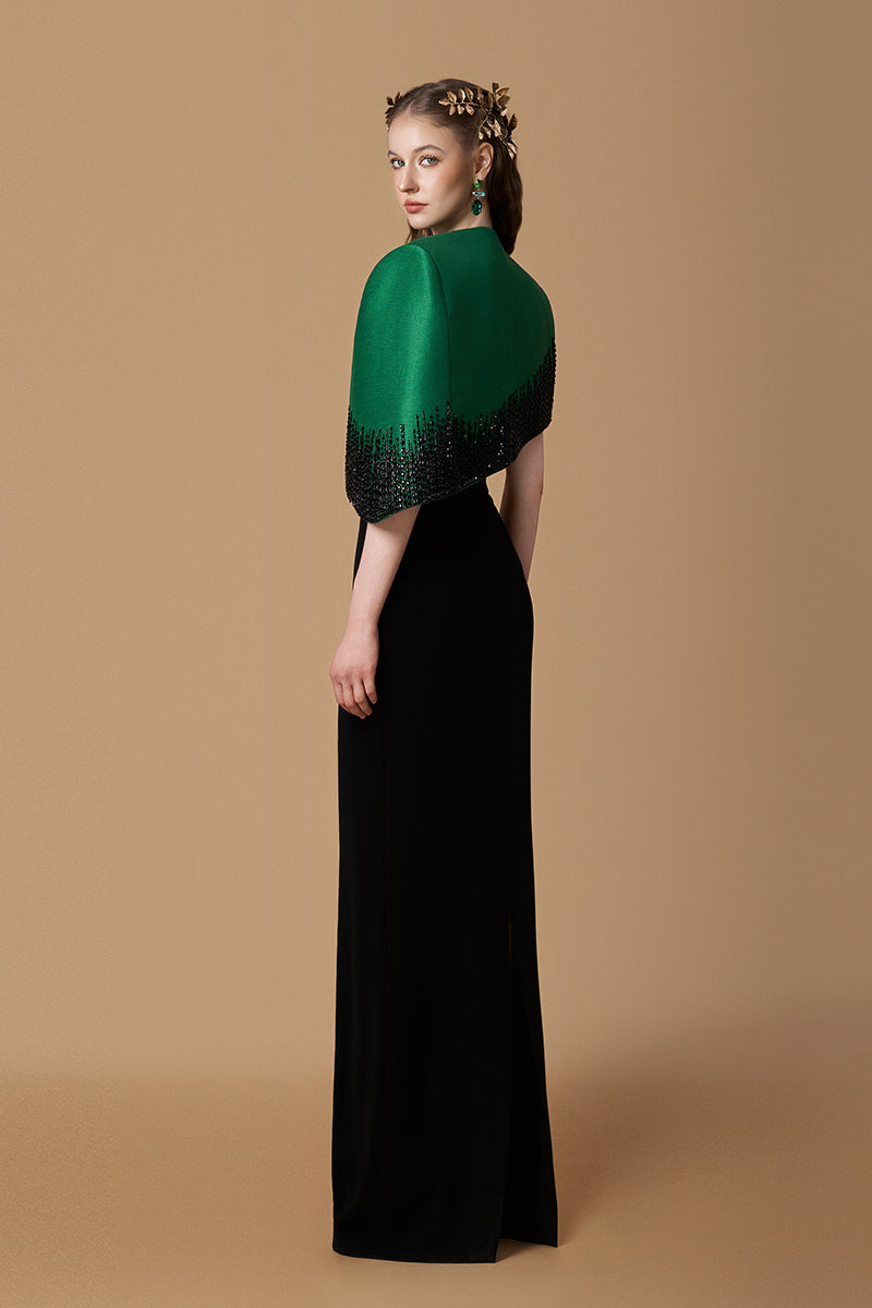 Bustier Column Gown With Mini Cape In Dark Green Taffeta & Black Crepe