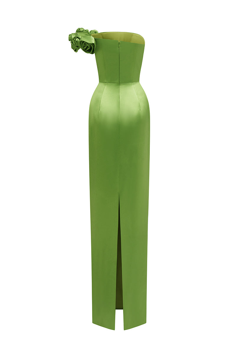 Asymmetric Pleated Gown With Tie Detail In Satin Silk