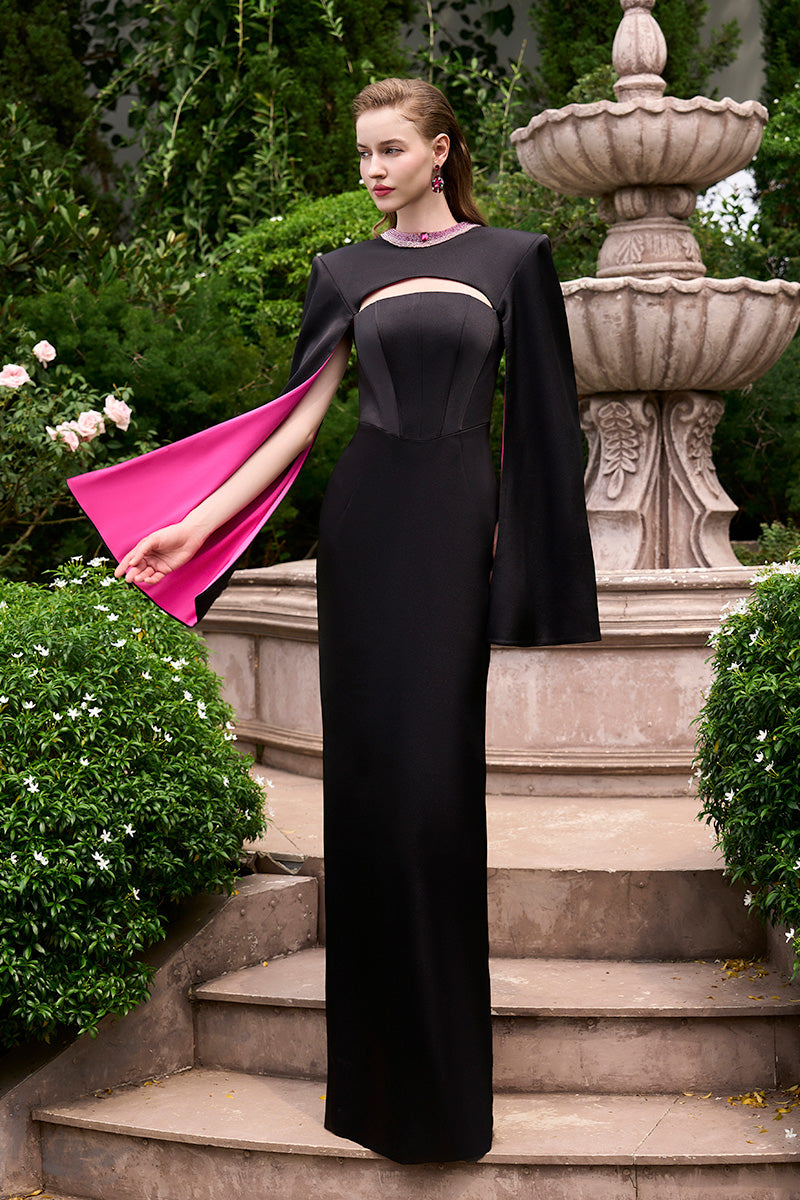 Column Evening Gown With Chest Cut-Out And Long Slit Sleeves