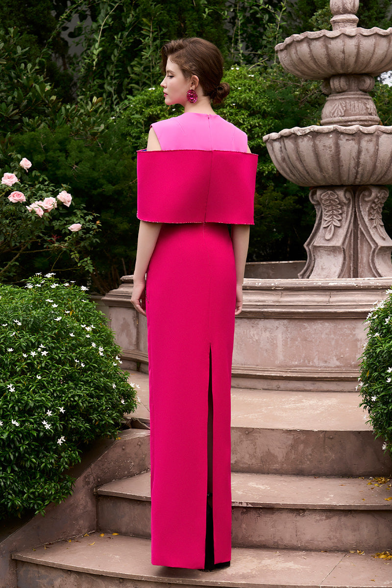 Column Evening Gown With Color Patched And Off-Shoulder Pads