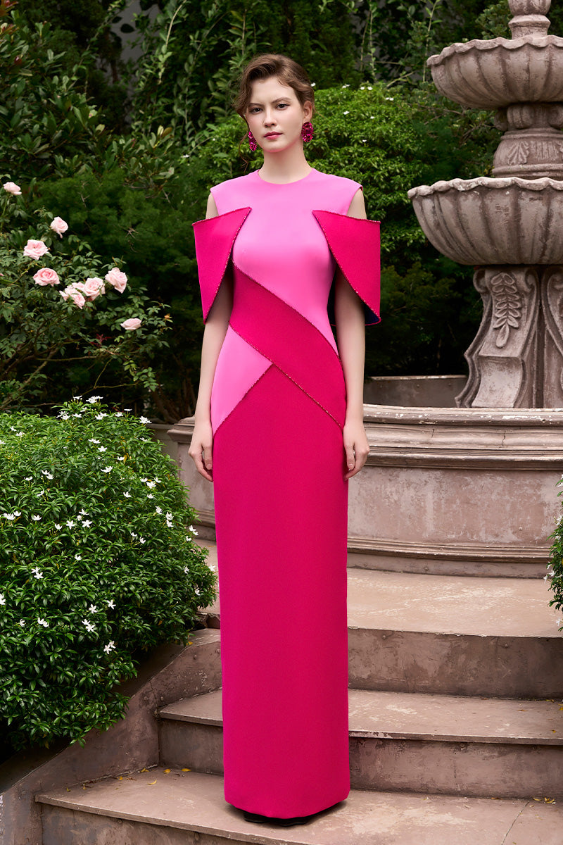 Column Evening Gown With Color Patched And Off-Shoulder Pads