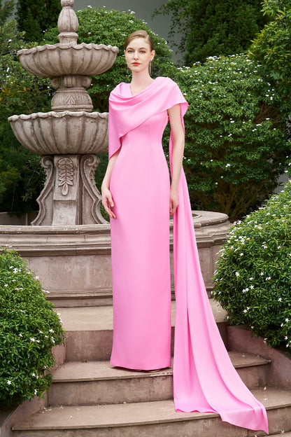 Column Evening Gown With Draped Ribbon Over The Shoulder