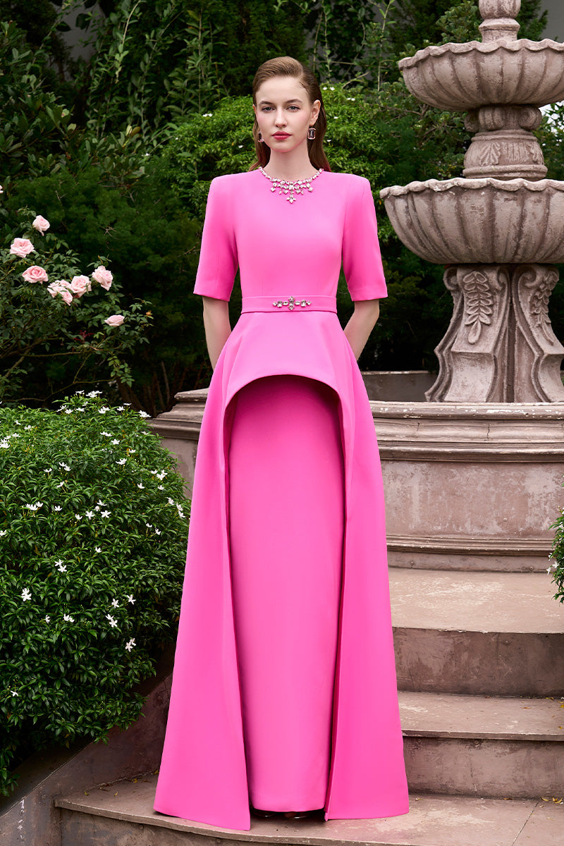 Column Evening Gown With Elbow Length Sleeves And Attached Mullet Peplum