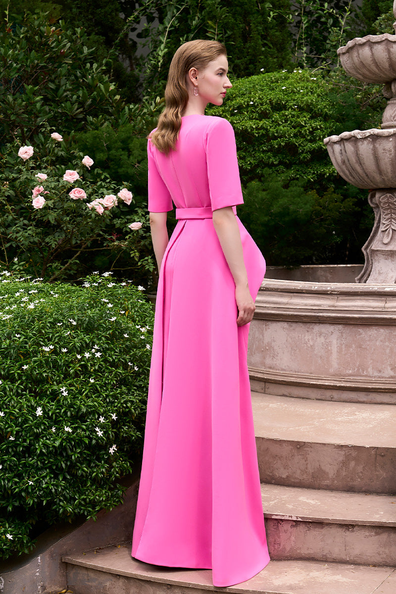 Column Evening Gown With Elbow Length Sleeves And Attached Mullet Peplum