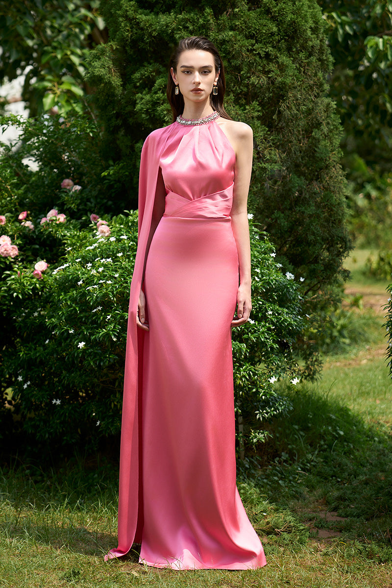 Column Evening Gown With Gathered Halter Neck And Attached One Shoulder Long Cape