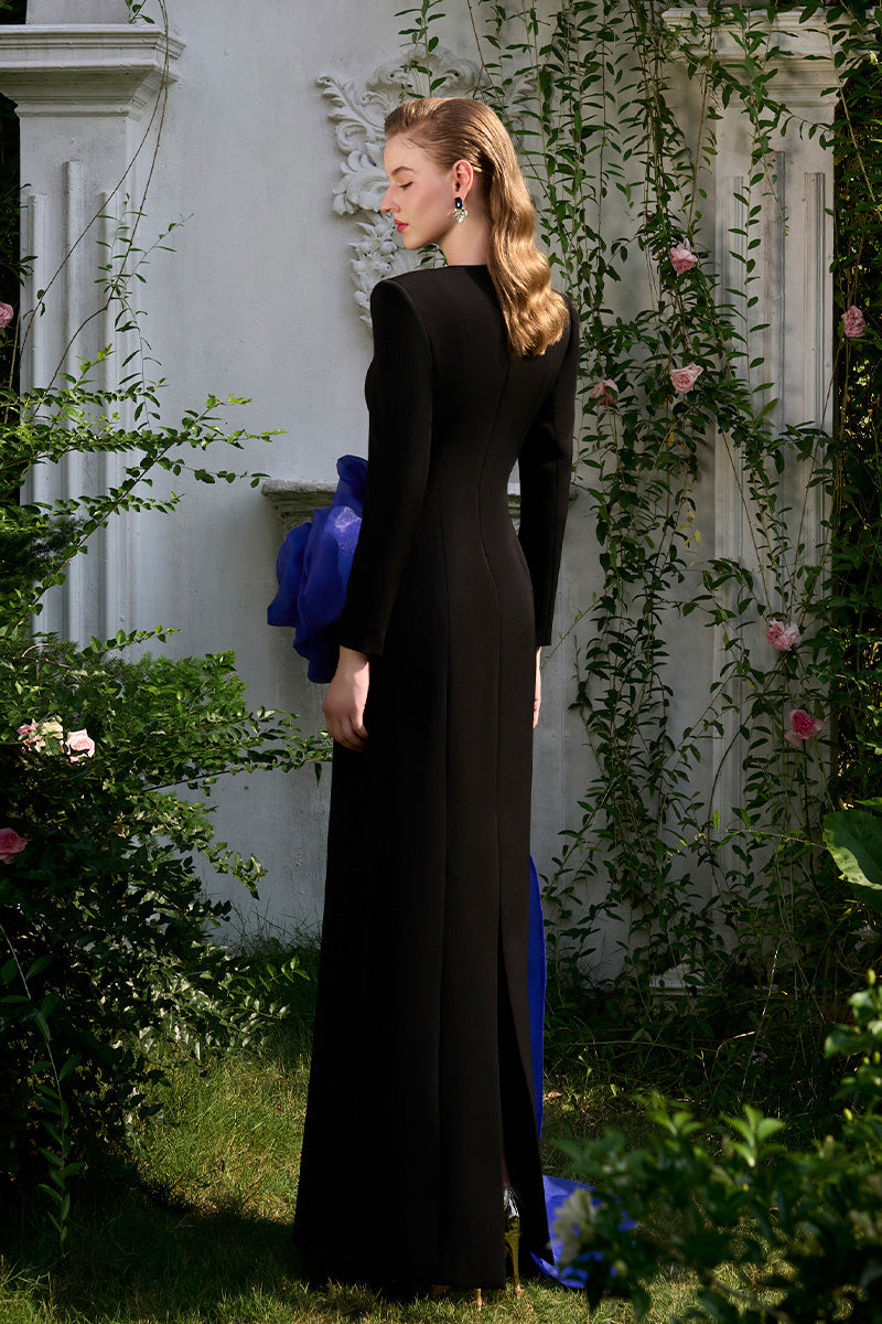 Column Evening Gown With Large Draped Rose On Side Hip