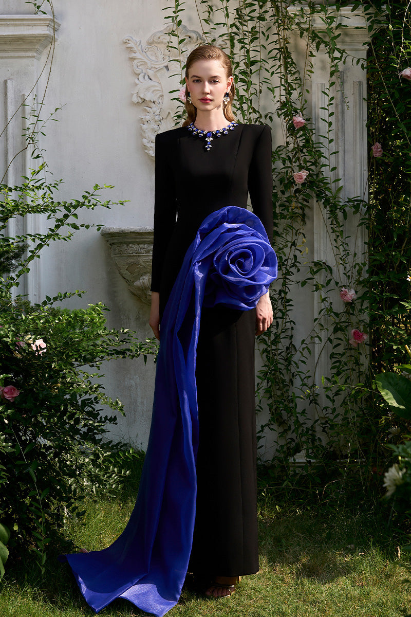 Column Evening Gown With Large Draped Rose On Side Hip