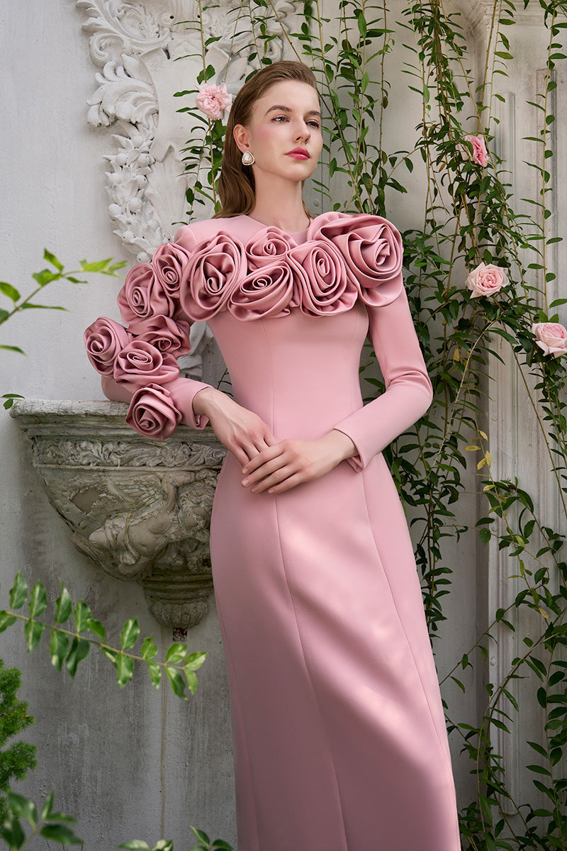 Column Evening Gown With Long Sleeves And Attached Draped Rose