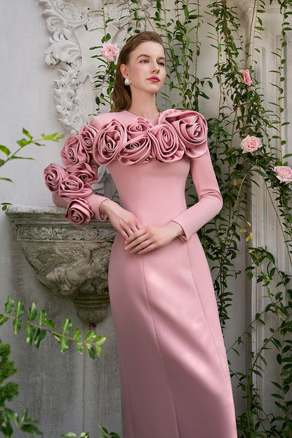 Column Evening Gown With Long Sleeves And Attached Draped Rose