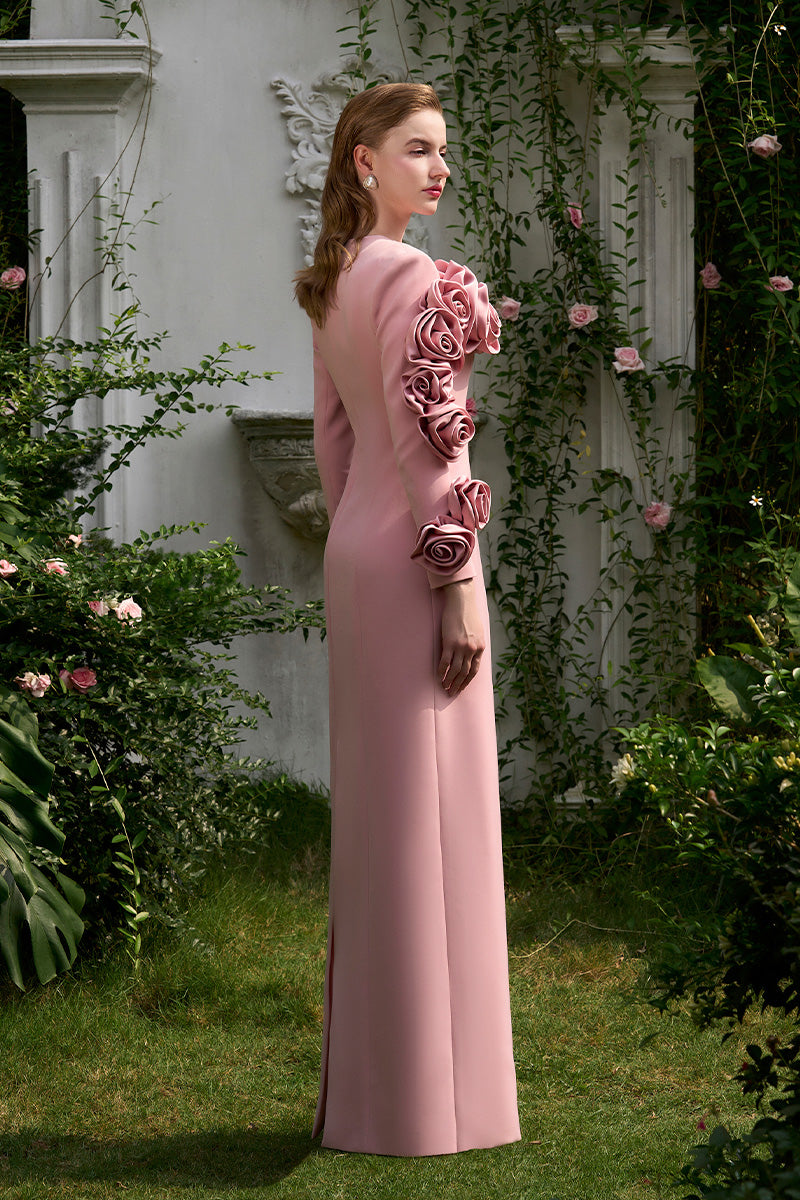 Column Evening Gown With Long Sleeves And Attached Draped Rose