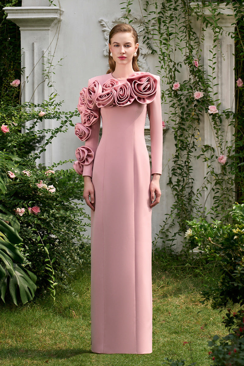 Column Evening Gown With Long Sleeves And Attached Draped Rose