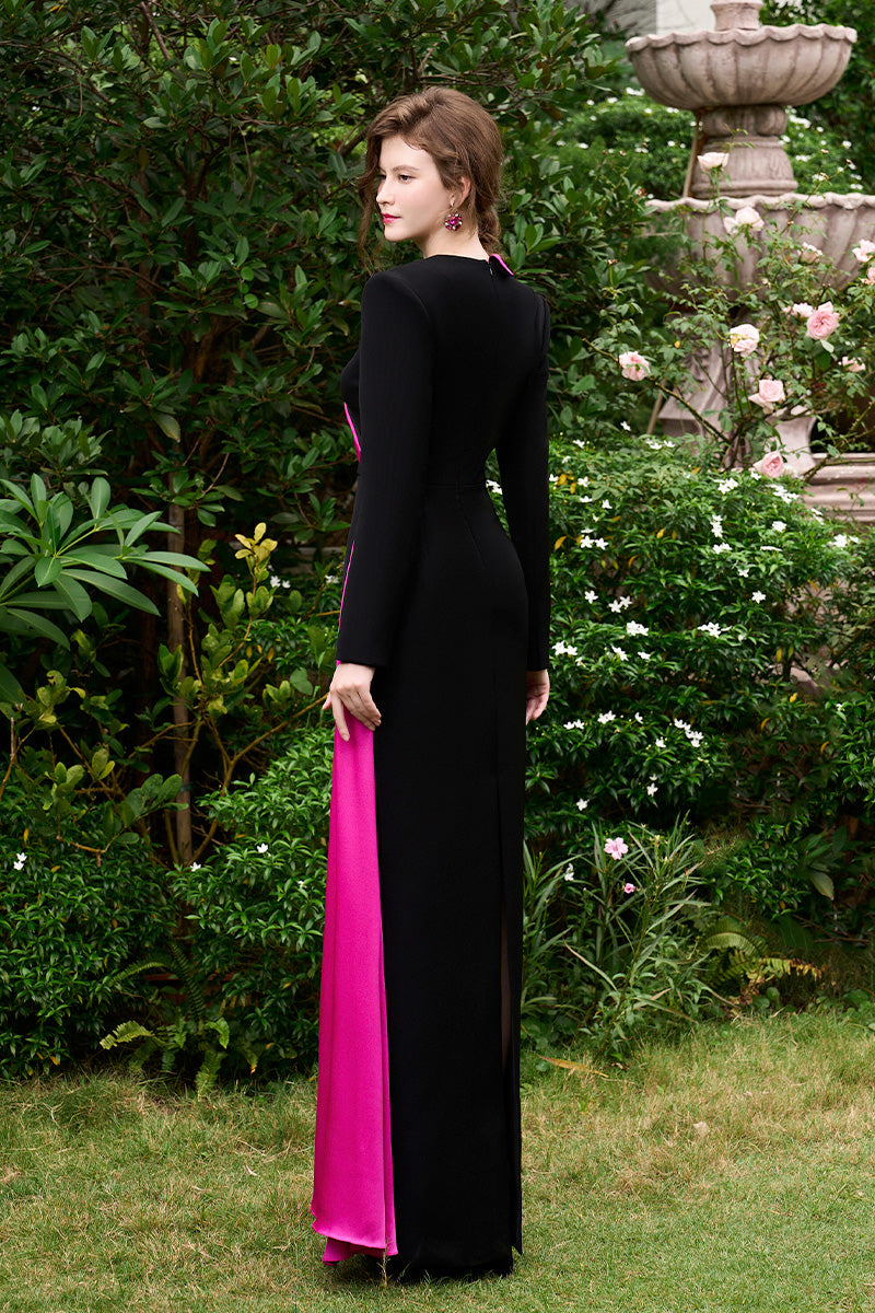 Column Evening Gown With One Peak Lapel Collar And Side-Attached Ribbon