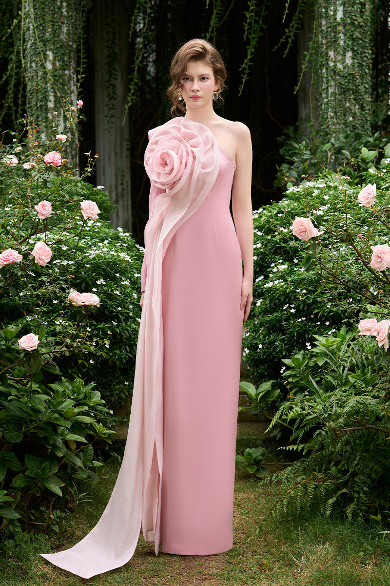 Column Evening Gown With One Shoulder, Long Sleeve And Draped Rose On Side Chest