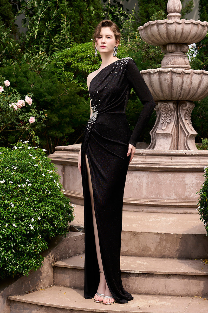 Column Evening Gown With One Shoulder, Long Sleeve, Waist Draped Detail And Side Slit