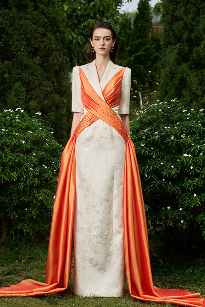 Column Evening Gown With Peak Lapel Collar And Crossed Wrapped Ribbons