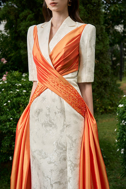 Column Evening Gown With Peak Lapel Collar And Crossed Wrapped Ribbons