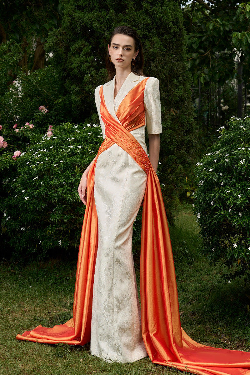 Column Evening Gown With Peak Lapel Collar And Crossed Wrapped Ribbons