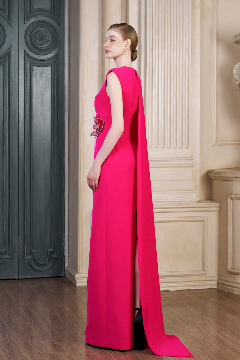 Column Evening Gown With Side Waist Patched And Attached One Shoulder Long Cape