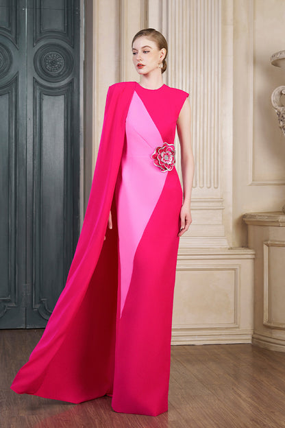 Column Evening Gown With Side Waist Patched And Attached One Shoulder Long Cape