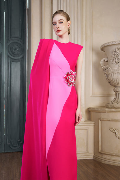 Column Evening Gown With Side Waist Patched And Attached One Shoulder Long Cape