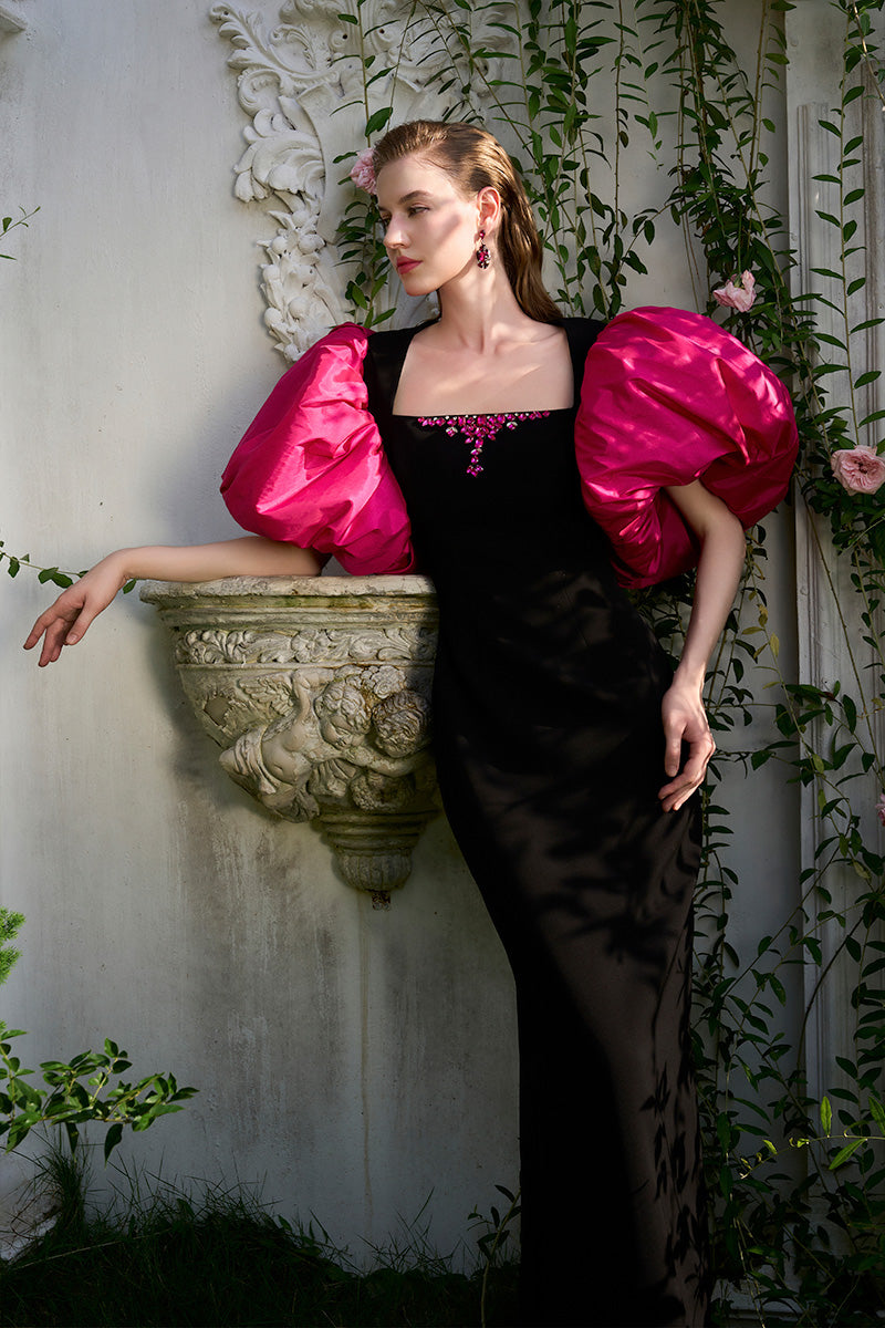 Column Evening Gown With Trapeze Neckline And Draped Short Sleeves