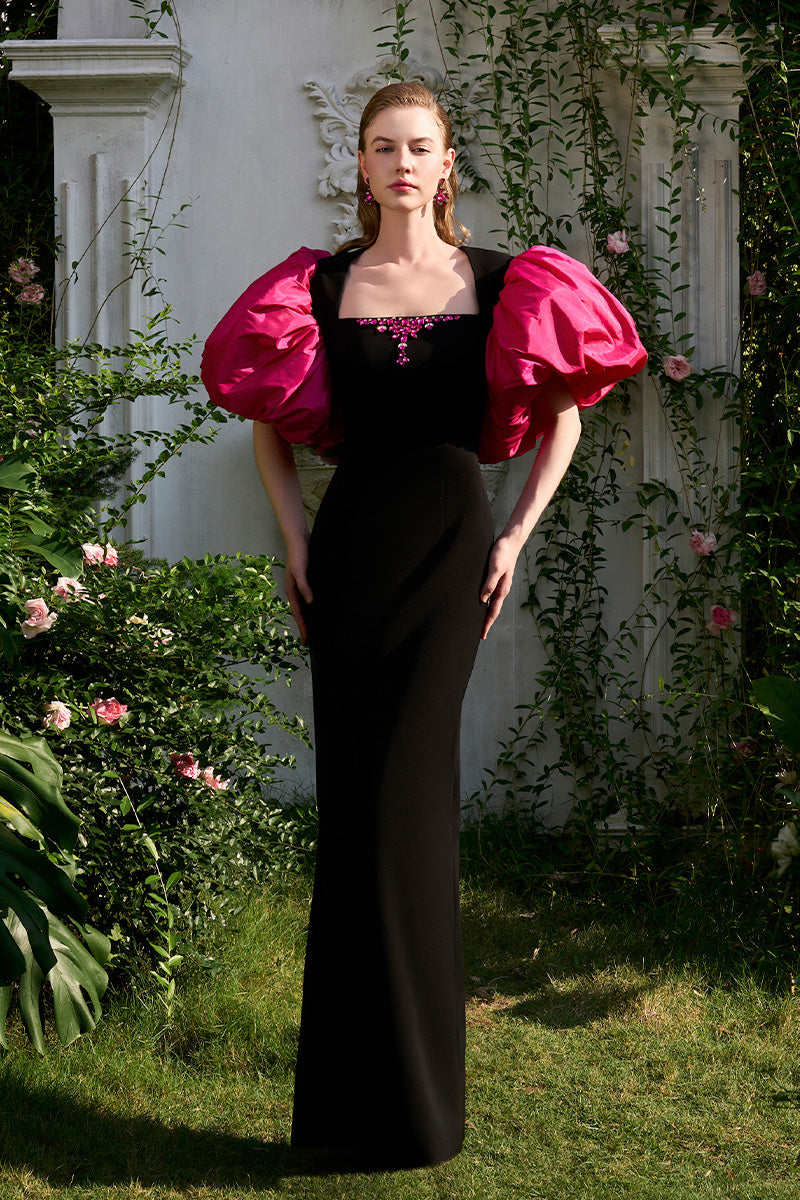 Column Evening Gown With Trapeze Neckline And Draped Short Sleeves