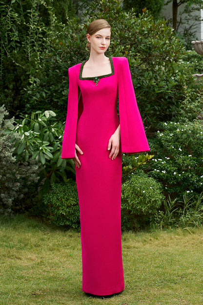 Column Evening Gown With Trapeze Neckline And Long Slit Sleeves