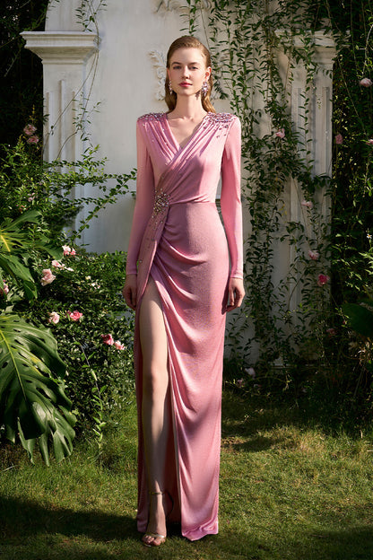 Column Evening Gown With Waist Draped Detail And Side Slit