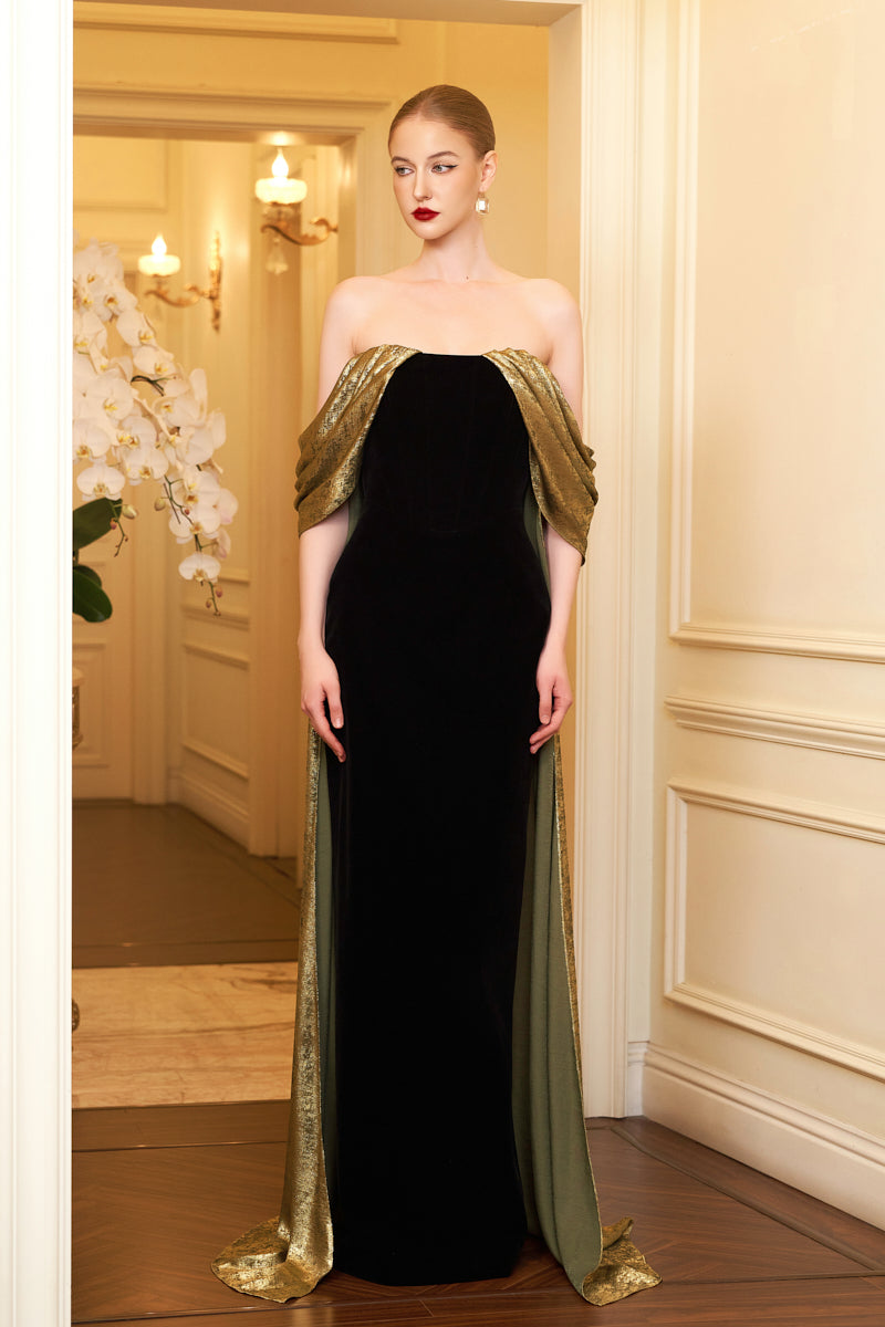 Column Evening Gown With Bustier Bodice And Draped Off-Shoulder Details