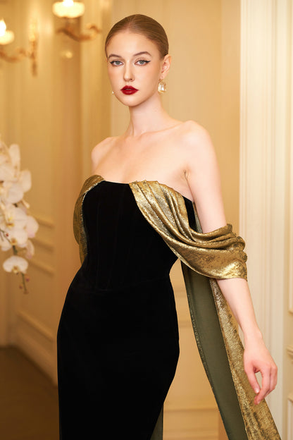 Column Evening Gown With Bustier Bodice And Draped Off-Shoulder Details