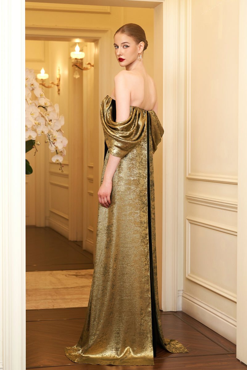 Column Evening Gown With Bustier Bodice And Draped Off-Shoulder Details