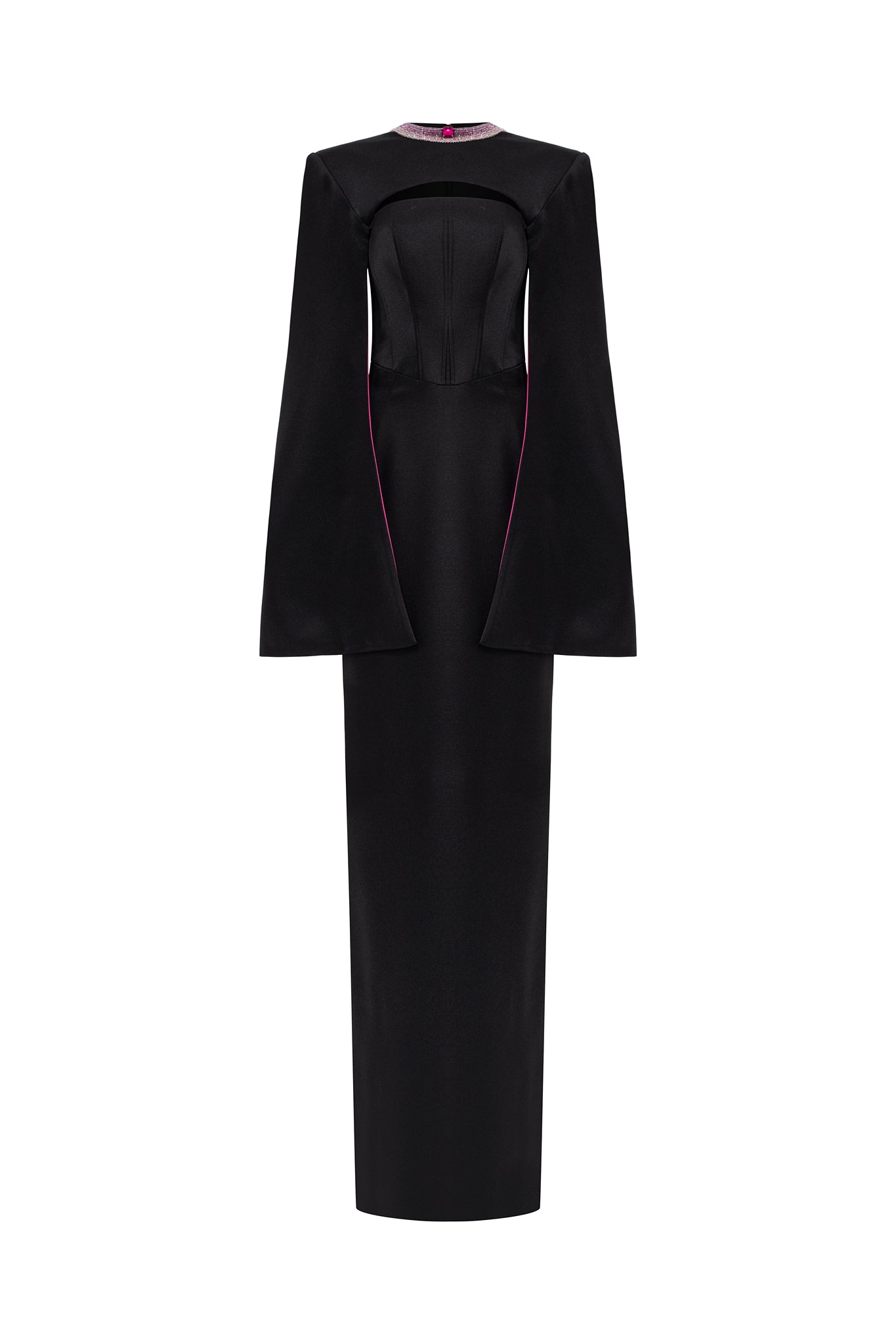 Column Evening Gown With Chest Cut-Out And Long Slit Sleeves