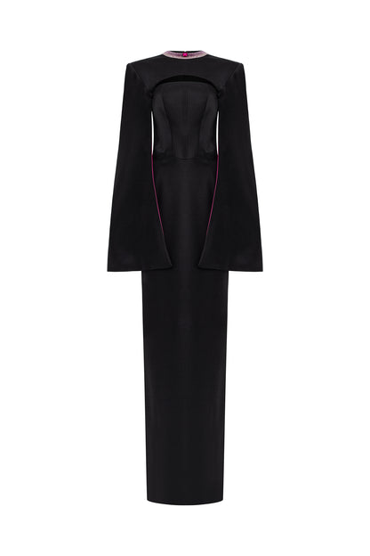 Column Evening Gown With Chest Cut-Out And Long Slit Sleeves