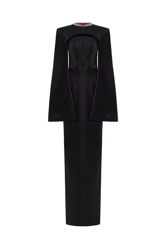 Column Evening Gown With Chest Cut-Out And Long Slit Sleeves