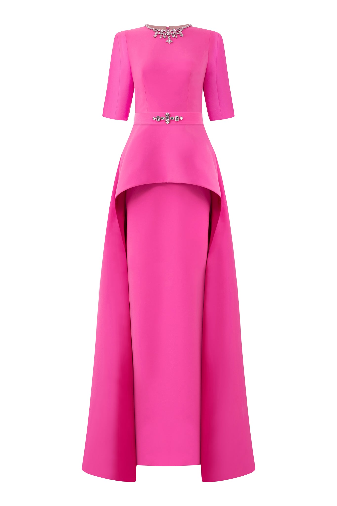 Column Evening Gown With Elbow Length Sleeves And Attached Mullet Peplum