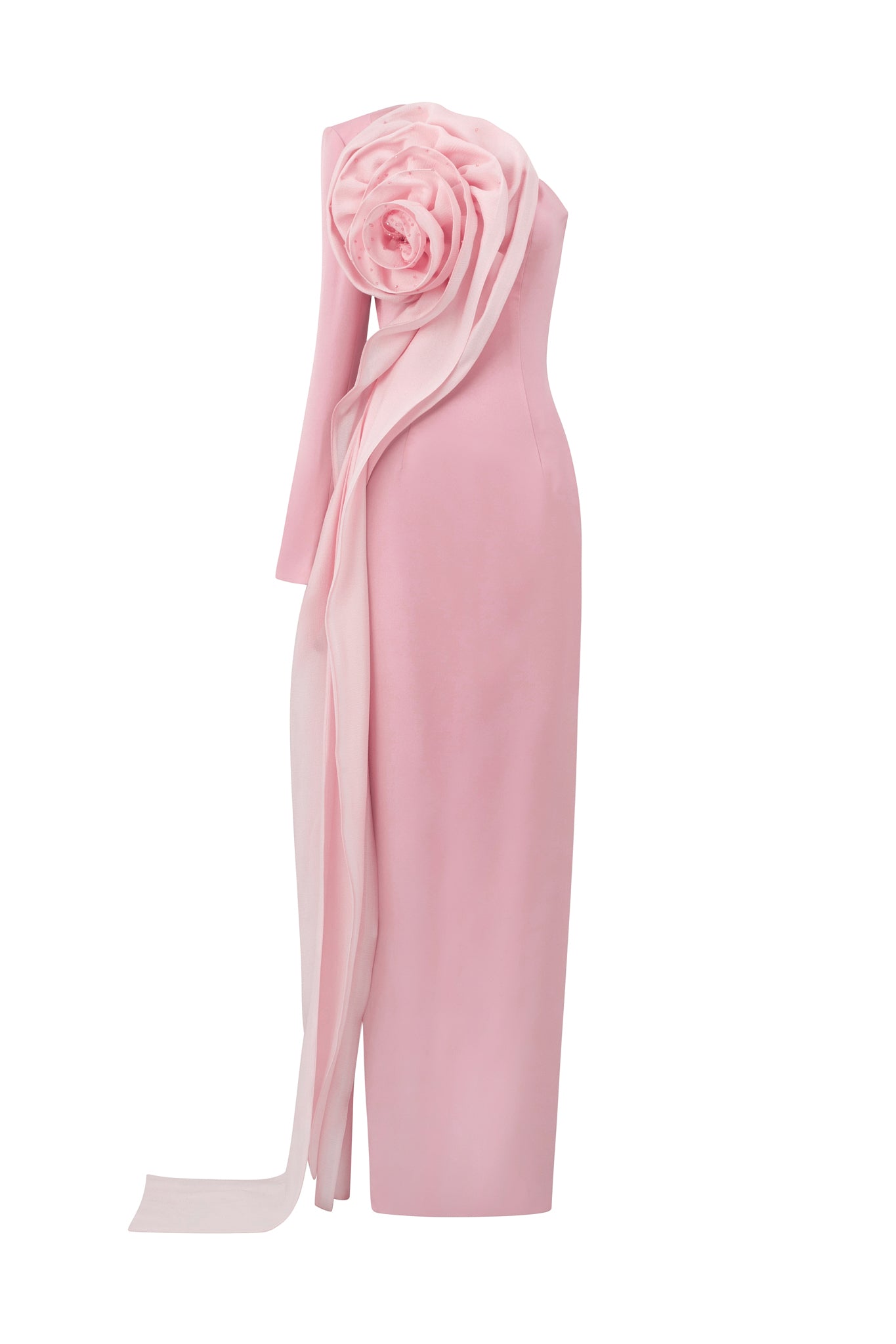 Column Evening Gown With One Shoulder, Long Sleeve And Draped Rose On Side Chest